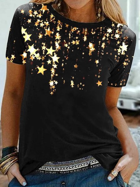 Star Ombre Casual Loosen Shirts & Tops, Black, Tops