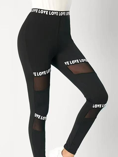 Spliced see-through fabric letter print sports leggings, Black, Leggings
