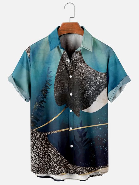 Hawaiian Retro Underwater World Men's Casual Short-sleeved Shirt, Blue, Men's Floral shirt