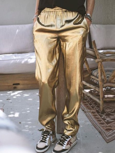 Shiny Party Loosen Straight Pants, Golden, Pants