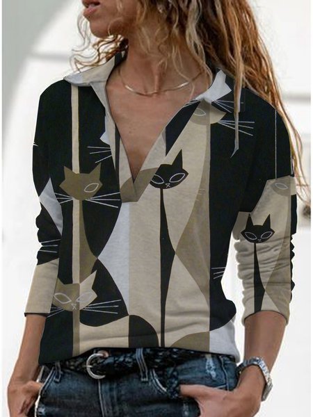 Cat Cute Loosen Casual Shirts & Tops, As picture, Long sleeves