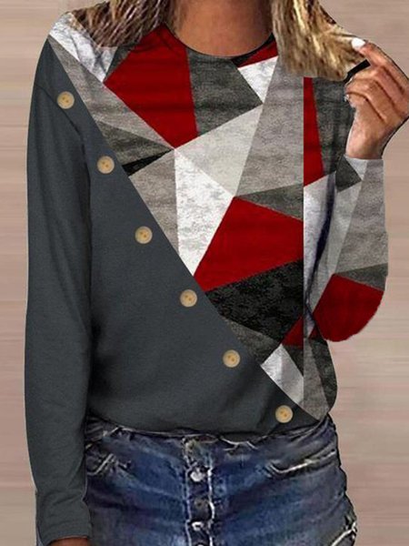 Geometric Splicing Buttoned Crew Neck Long Sleeve T-shirt, Multicolor, T-Shirts