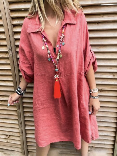 Loosen Casual Plain shirt Dresses, Dark pink, Midi Dresses