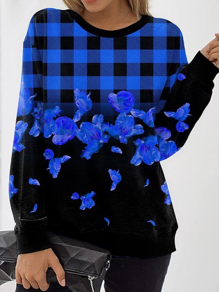 Plaid Floral Print Crew Neck Casual Sweatshirts, Blue, Hoodies & Sweatshirts