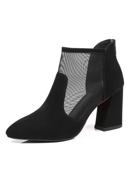 Elegant Mesh Stitching Pointed High Heel Boots, Black, Boots