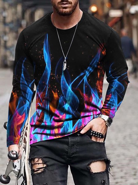 3D Flame Graphic Long Sleeve Casual Round Neck Tee, T-shirt