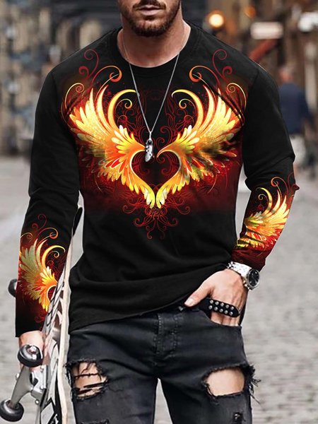 3D Love Feather Graphic Long Sleeve Casual Round Neck Tee, T-shirt