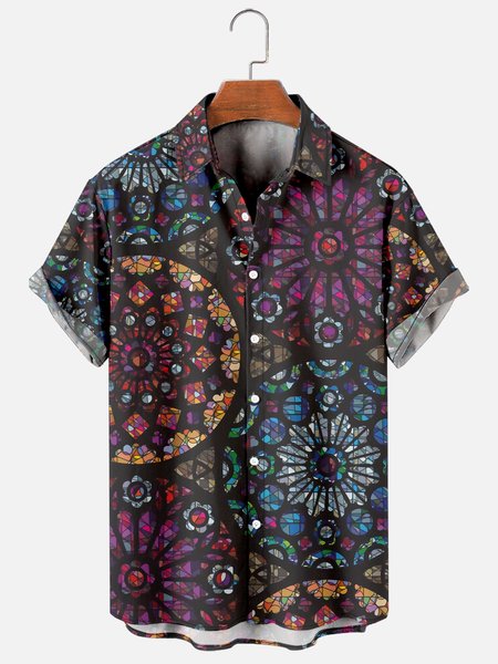 Hawaiian Retro Geometric Elements Men's Casual Short-sleeved Shirt, As picture, Men's Floral shirt