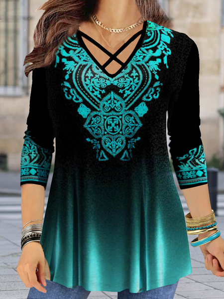 JFN V Neck Ombre Ethnic Loose Long Sleeve Top, Blue, Tops