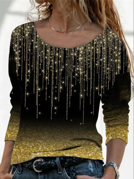 Long sleeve round neck geometric gradient glittering loose top T-shirt, Black, Long sleeve tops
Long sleeve round neck geometric gradient glittering loose top T-shirt, Black, Long sleeve tops