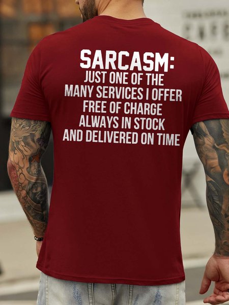 Sarcasm Back Print Short Sleeve Crew Neck Cotton Blends T-shirt, Red, T-shirts