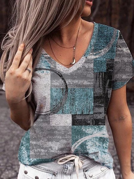 Color Piece V Neck Loosen Casual T-shirt, Grey-blue, Tops