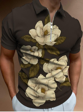 Men's Floral Pattern Casual Short-sleeved Polo Shirt, As picture, polo