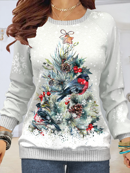 Long sleeved round neck Christmas tree plant print top women's sweater, Gray, Sweatshirts & Hoodies