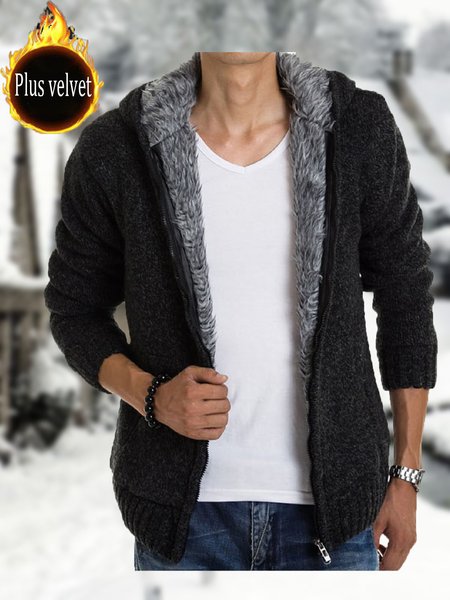 Men's sSolid Color Refueling Padded Hooded Sweater Jacket, Black, Outerwear
