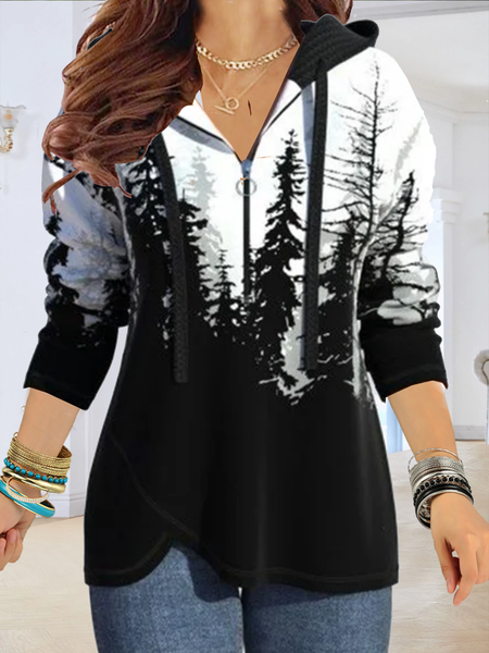 Long sleeve V-neck zipper hooded plant print medium length top T-shirt women, Black, Long sleeve tops