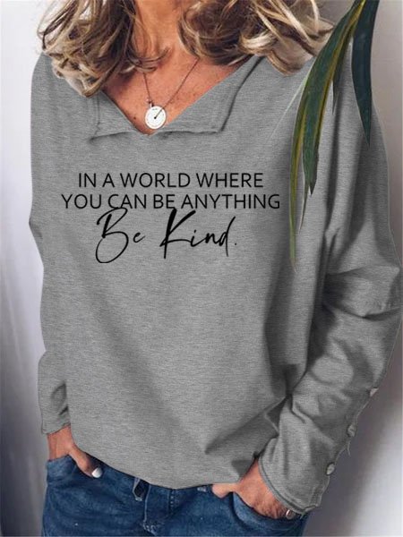 Be Kind long Sleeve V Neck Shirts & Tops, Gray, Long sleeves