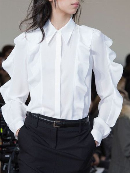 Work Date Daily Plain Simple Shirt Collar Shirt, White, Blouses and Shirts