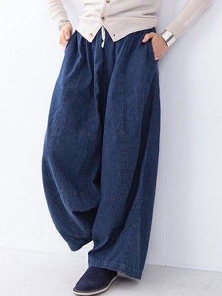 Casual Cotton Blends Plain Pants, Blue, Pants