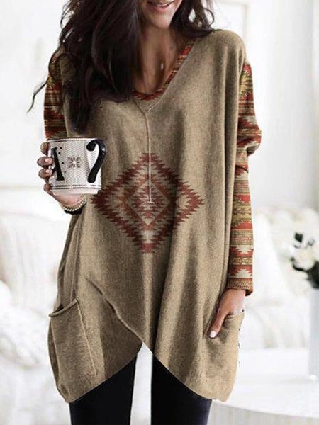 West Styles Tribal Statement Loosen V Neck Long Sleeve Mini Dresses, Brown, Mini Dresses
