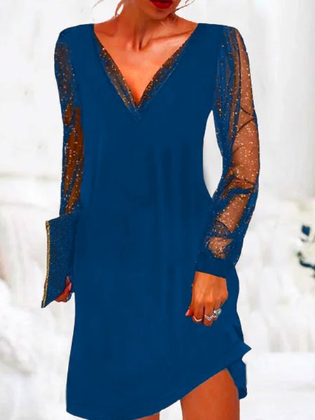 Sexy Tinta unita Scollo a V Abito, Blue, Mini Dresses