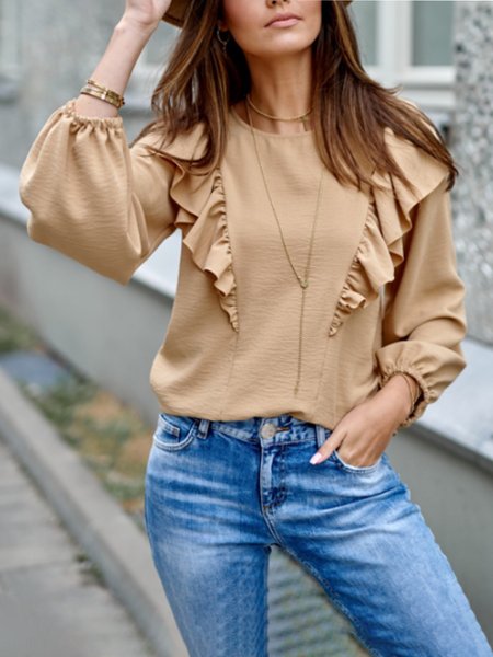 Simple Crew Neck Puff Sleeve Flouncing Top, Khaki, Blouses and Shirts