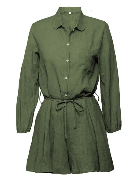 Loosen Casual Shirt Collar One-Piece Romper, Army green, Rompers