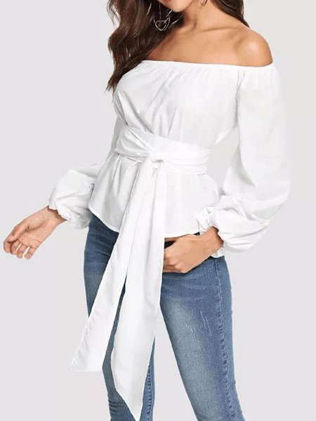 Loosen Casual Boat Neck Top, White, Tops