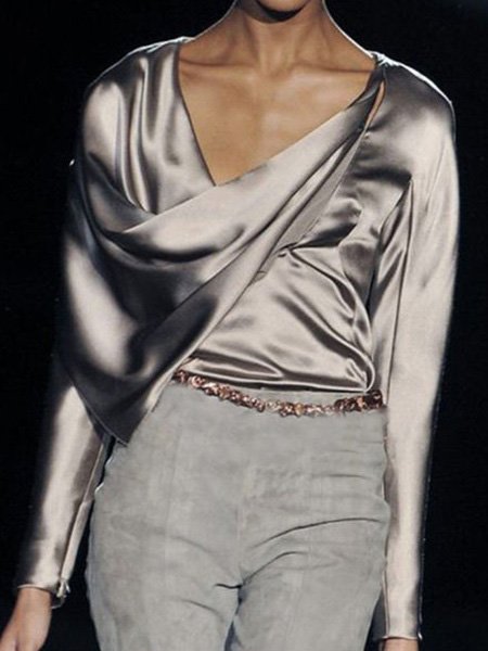 V Neck Solid Regular fit Top, Silver, Tops