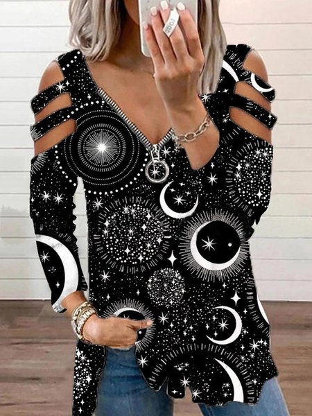 V Neck Cotton Blends Star Shirts & Tops, Black, Tops