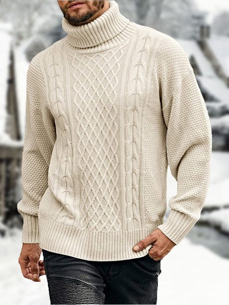 Men's Solid Color Drop Shoulder Warm Turtleneck Sweater, Beige, Sweater