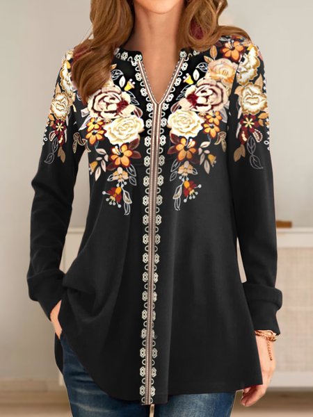 Floral V Neck Regular Fit Shirts & Tops, Black, Tops