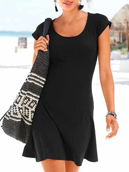 Lace Casual Cotton Blends Plain Knitting Dress, Black, Mini Dresses