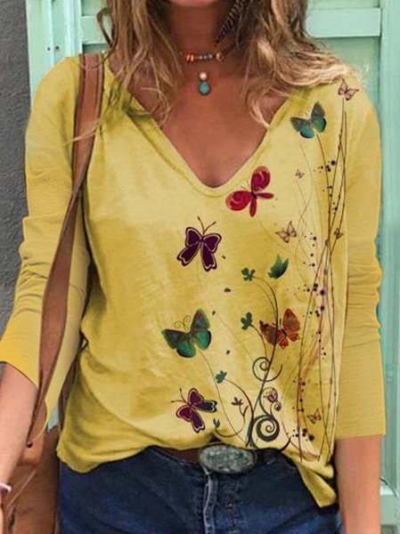 Butterfly Printed V Neck Short Sleeve T-shirt, Yellow, Long sleeve tops