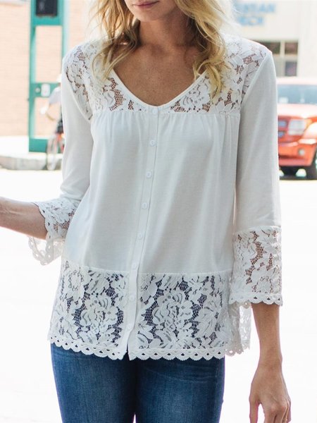 Plain Lace V Neck Casual Vacation Shirts & Tops, White, Blouses & Shirts