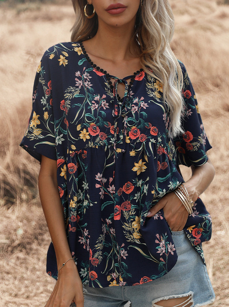 Pastoral Off Shoulder Shirts & Tops, Deep blue, T-Shirts