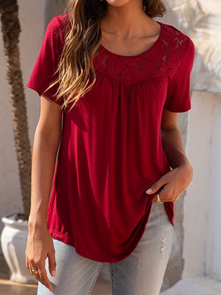 Lace Solid Loosen Cotton Blends Shirts & Tops, Red, T-Shirts