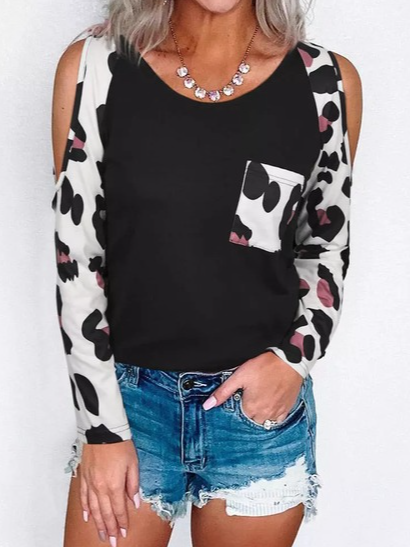 Off The Shoulder Leopard Casual Shirts & Tops, Black, Tops 
Off The Shoulder Leopard Casual Shirts & Tops, Black, Tops