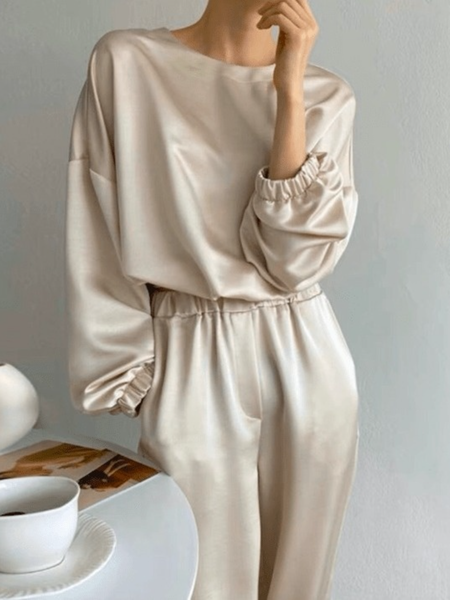 Spring Crew Neck Loosen Solid Daily Household Long sleeve Tops, Apricot, Tops
