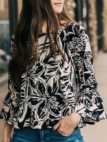 Black and white two-tone big flower lotus leaf sleeve top Floral Loosen Frill Sleeve Shirts & Tops, Long sleeve tops
Black and white two-tone big flower lotus leaf sleeve top Floral Loosen Frill Sleeve Shirts & Tops, Long sleeve tops