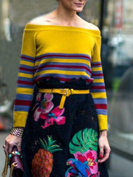Long Sleeve Striped Daily Regular Fit Top, Yellow, Tops