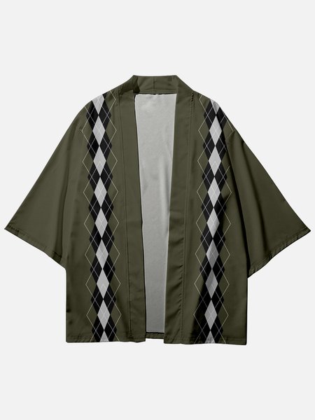 Mens Diamond Print Casual Loose Japanese Style Open Front Kimono, Green, Men's Floral shirt