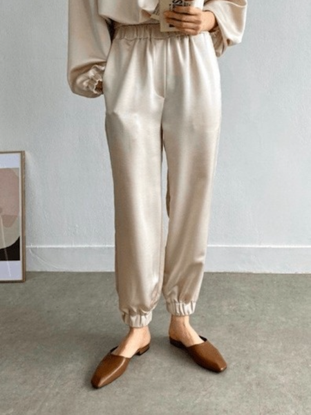 Spring Plain Regular Fit Casual Simple Daily Household Pants, Apricot, Cropped Pants