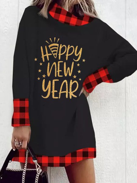 Letters Plaid Casual High Neck Loosen Dresses, Black, Mini Dresses