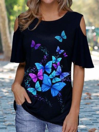 Butterfly Printed Off The Shoulder Vacation T-shirt, Black, T-Shirts