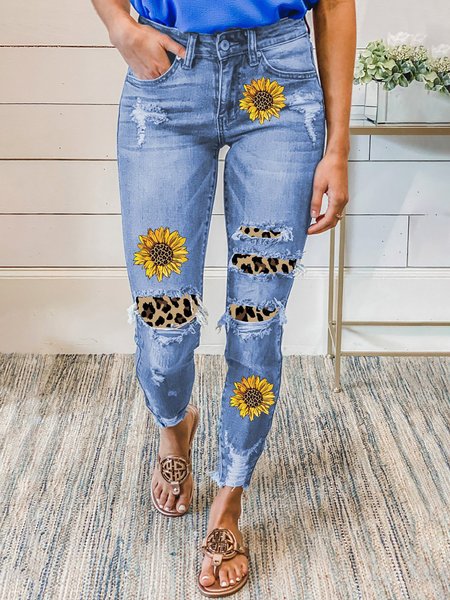 Sunflower Print Leopard Patchwork Distressed Casual Jeans, Blue, Pants