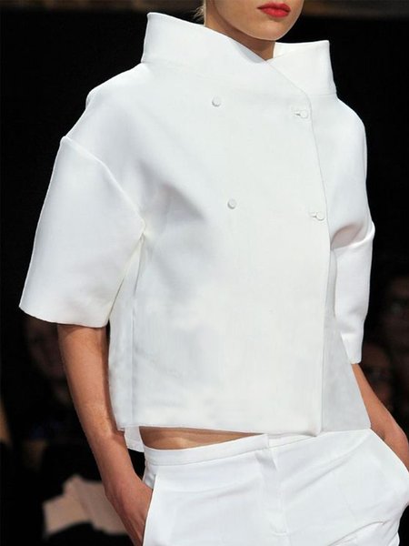 Work Daily Stand Collar Simple Regular Fit Shirt, White, Blouses and Shirts