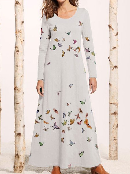 Crew Neck Casual Butterfly Dresses, White, Casual Dresses