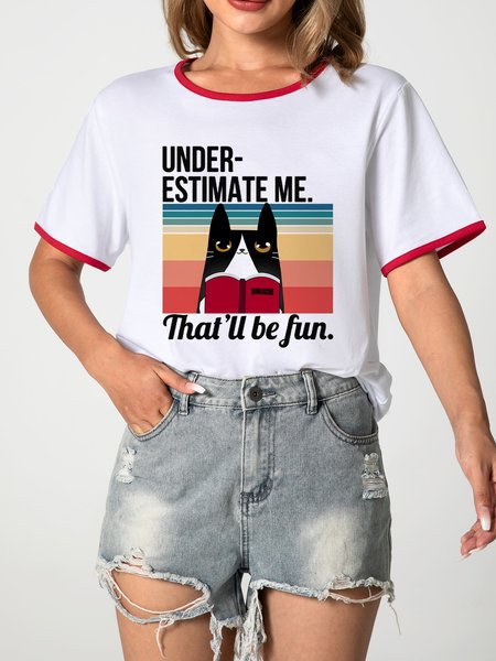 MUMU Underestmate Me Funny Cat Lover Ringer Tee, Red, T-shirts
