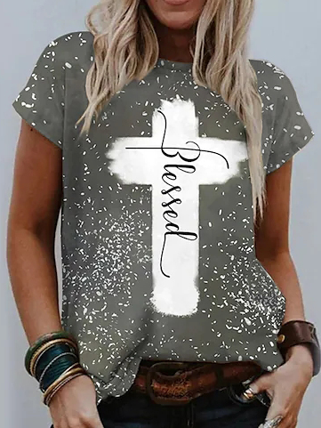 Loosen Geometric Short Sleeve T-shirt, Gray, Tops